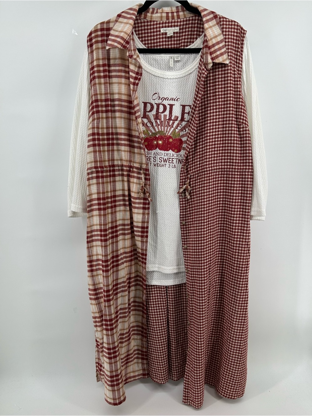 Cato Red & Cream Plaid Long Cotton Vest with Apples Top Women's Size 22/24